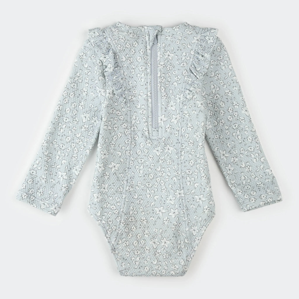 Long-Sleeve One-Piece Swimsuit | Vintage Flowers Print on Powder Blue | Petit Lem