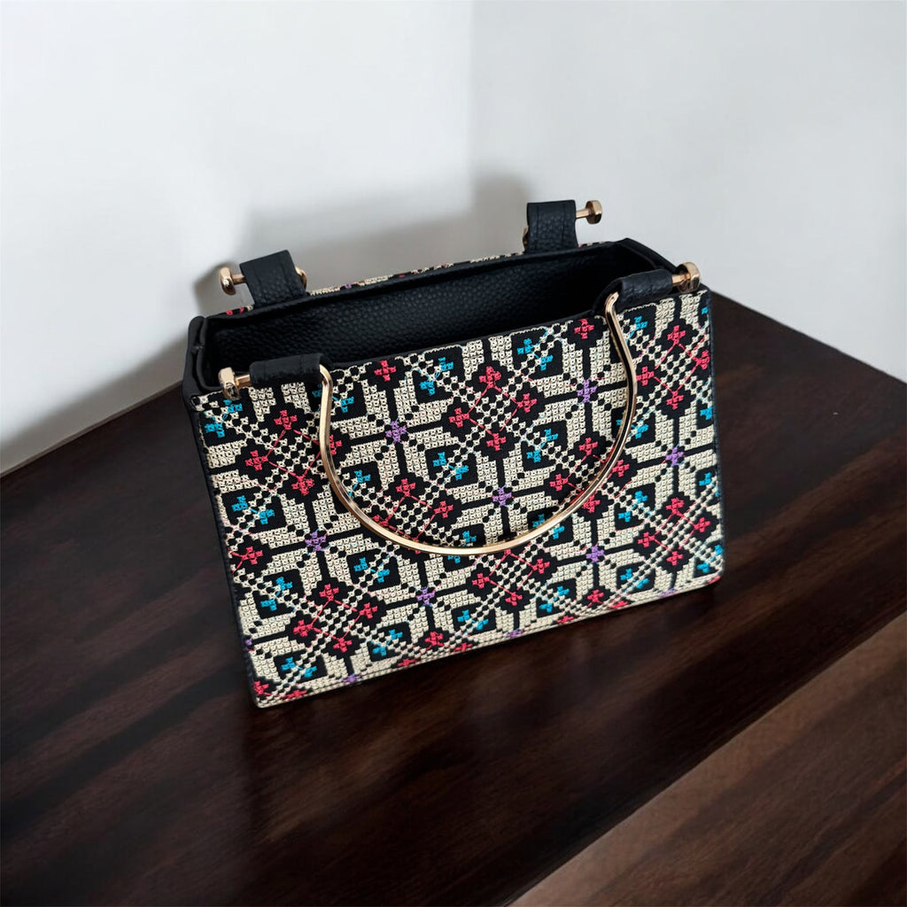 Small Tatreez Purse – Golden Handle with Optional Shoulder Strap