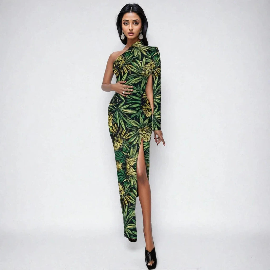 Big Buds One-Shoulder Slit Maxi Dress